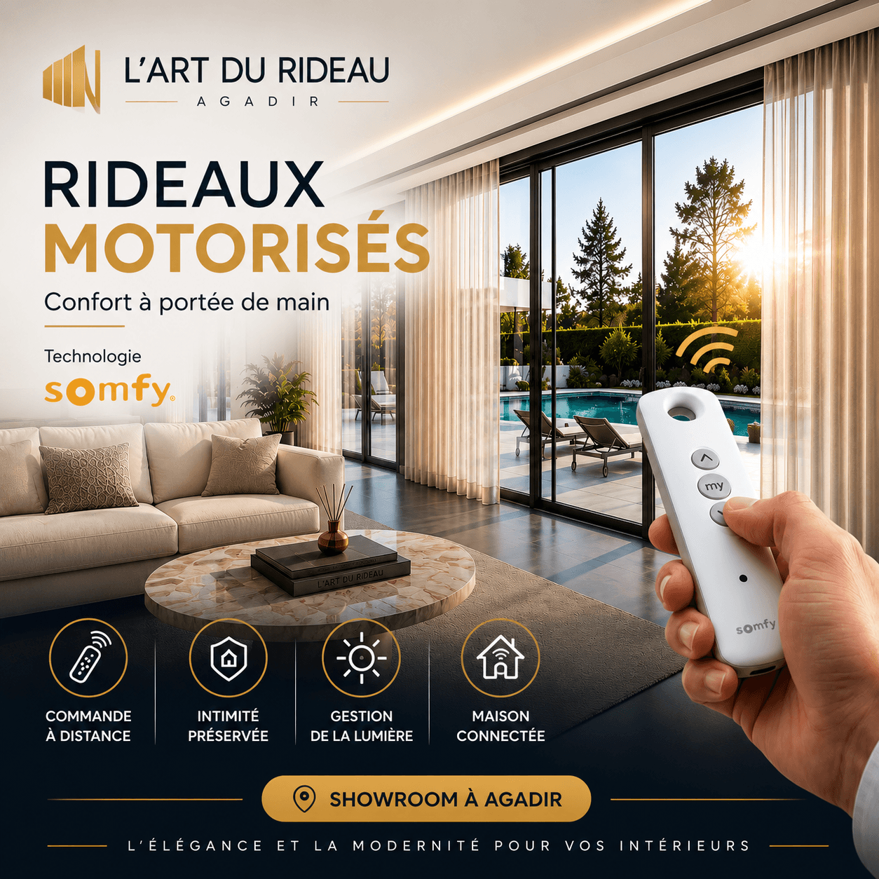 Rideaux motorisés Somfy sur mesure installés par L’Art du Rideau à Agadir.